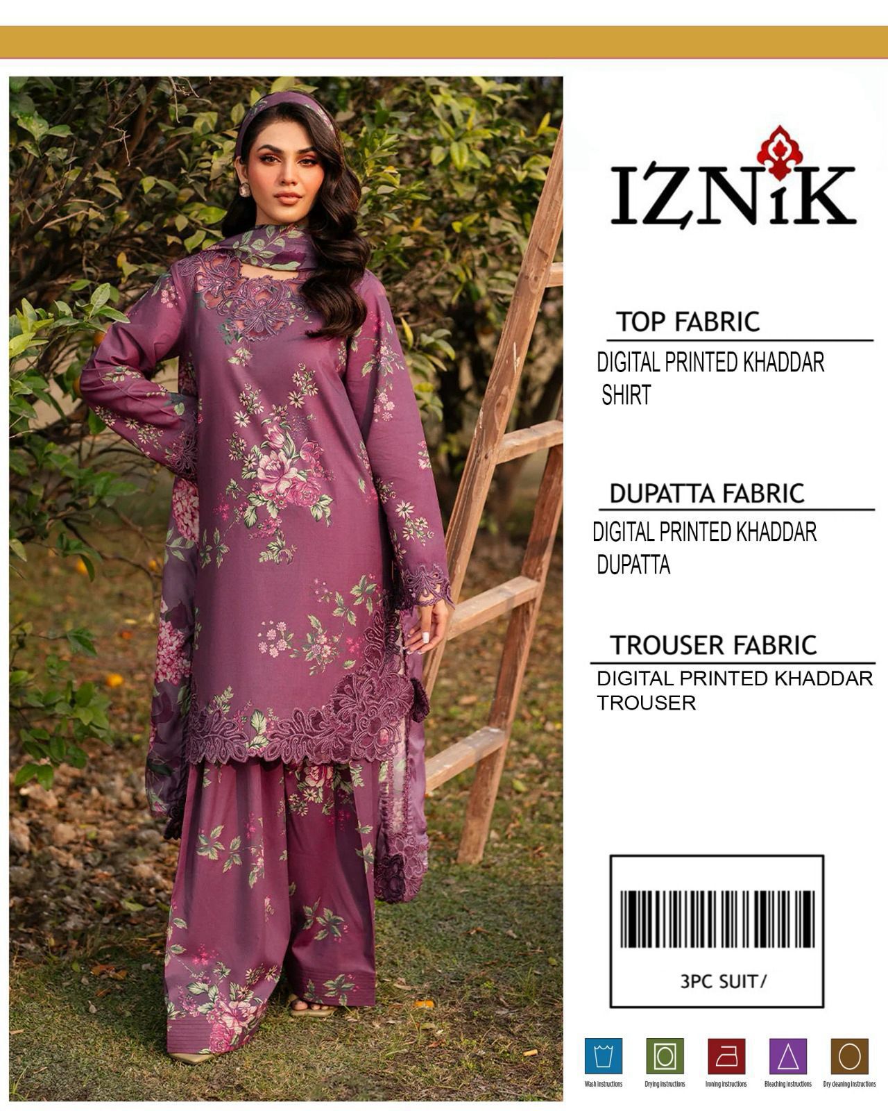 IZNIK 3 PIECE KHADDAR ALL OVER PRINTED