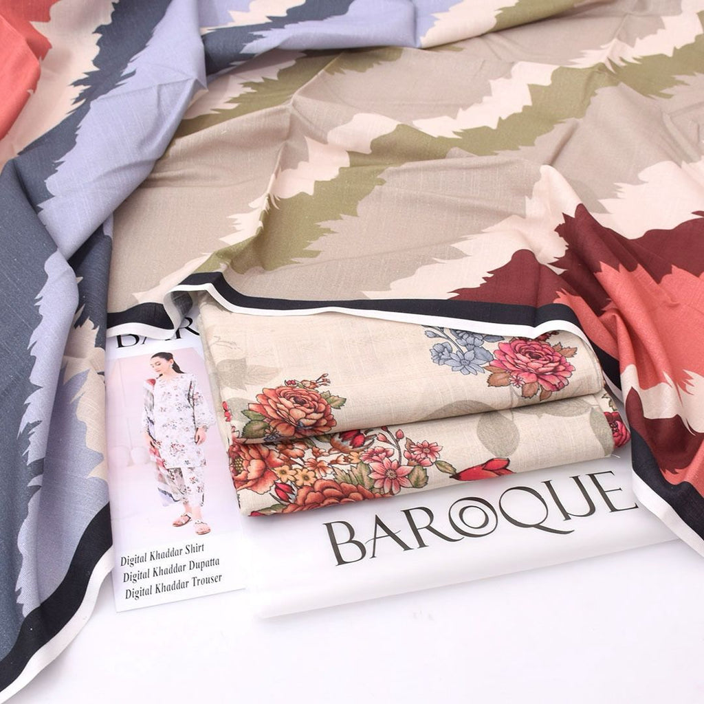 BAROQUE 3 PIECE KHADDAR ALL OVER PRINTED