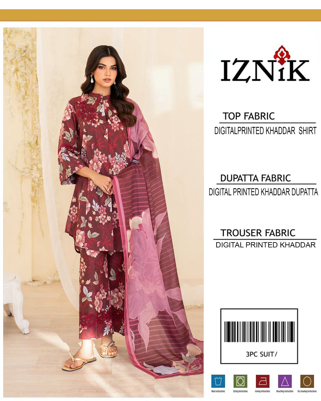 IZNIK 3 PIECE KHADDAR ALL OVER PRINTED